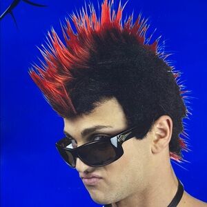 Mohawk HAIR wig RED BLACK ADULTS OS Halloween Costume rock star punk singer Emo